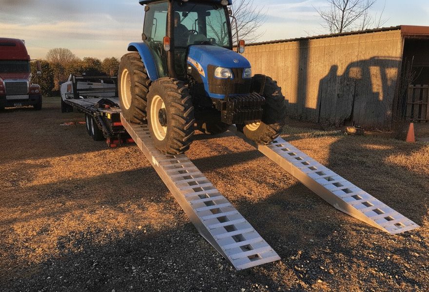 Tractor going down 12 foot loading ramps