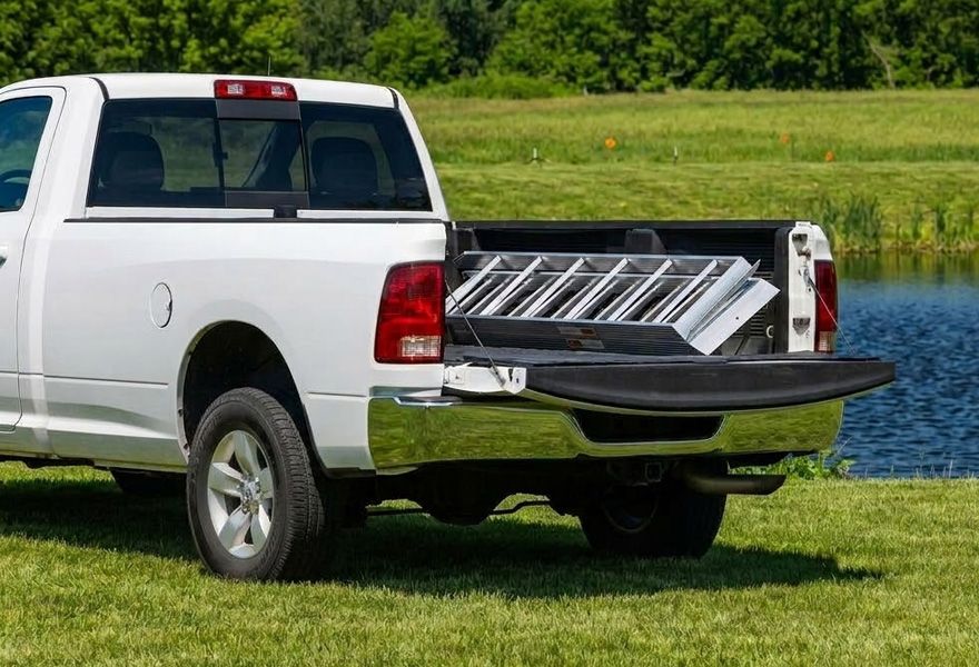folded ramp in back of pickup truck