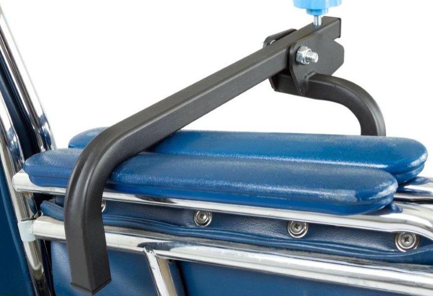 close-up view of stability arm securing folded wheelchair