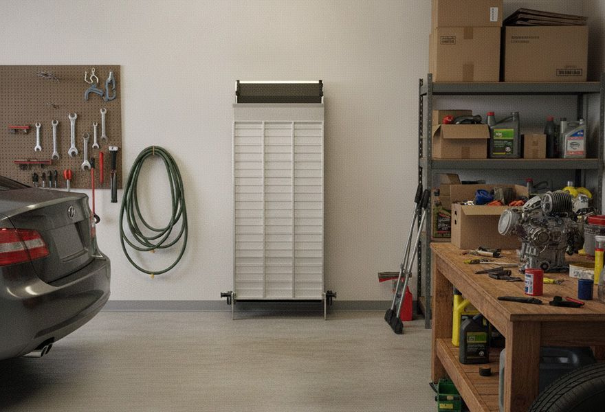 folded wheelchair ramp stored upright