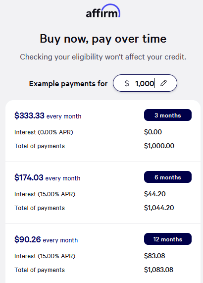 payment versus financing for $1000 ramp