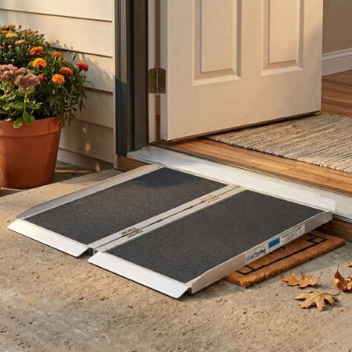 The Silver Spring Portable Aluminum Wheelchair Ramp is a single-fold wheelchair ramp with a grit coat surface for added traction.