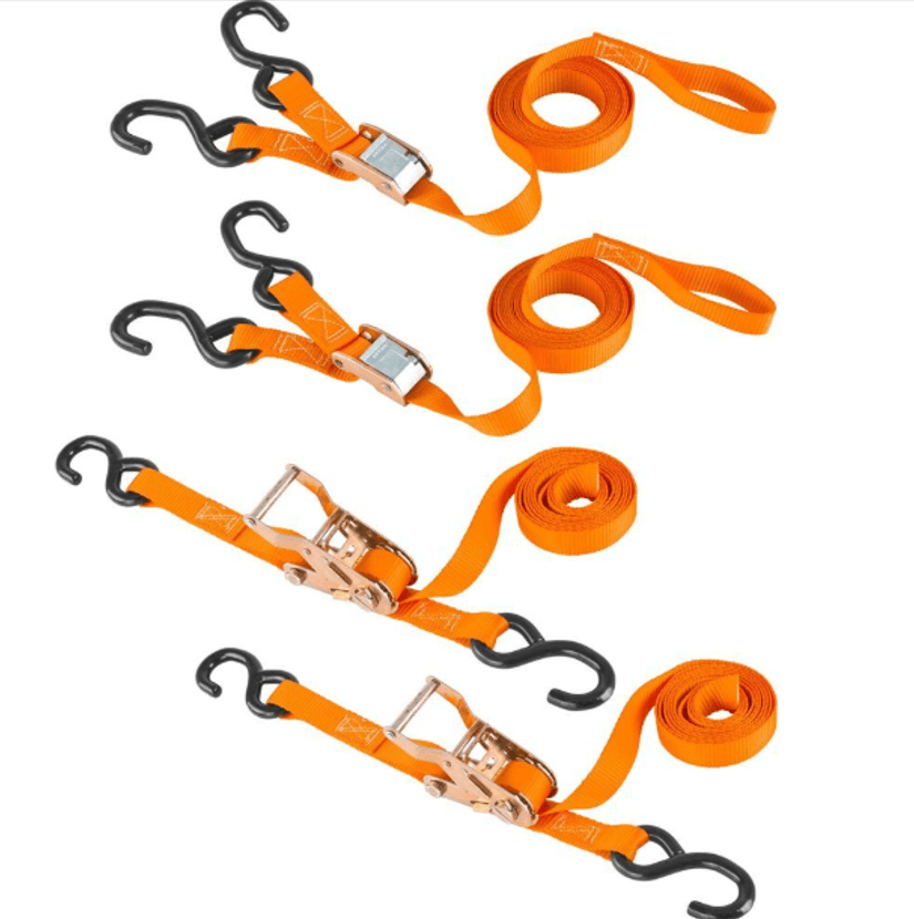 Discount Ramps' Cam Buckle & Ratchet Straps Kit with S-Hooks - 4-Pack