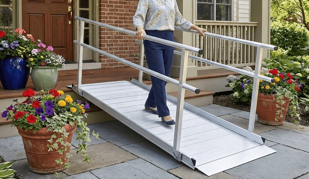 The Silver Spring Aluminum Wheelchair Access Ramps with Handrails is designed for scooters and wheelchairs in residential settings and features seamless construction, a slip-resistant surface, and a self-adjusting ground transition plate