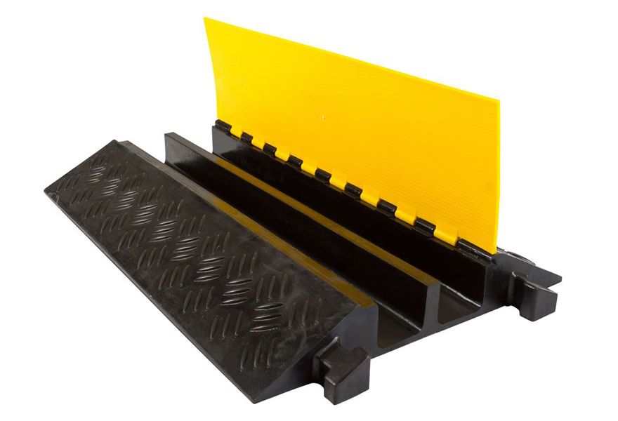 Cable protector ramp with hinged yellow lid