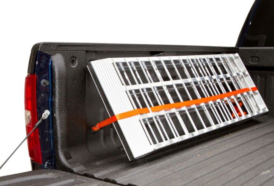 Ramp folded and strapped into truck bed