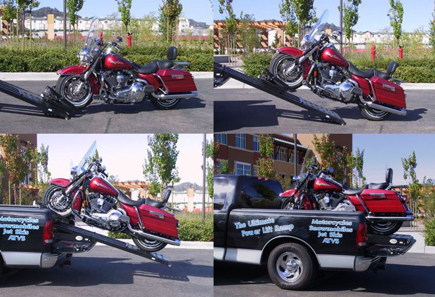 Step by step that shows motorcycle being loaded onto Rampage system in truck bed