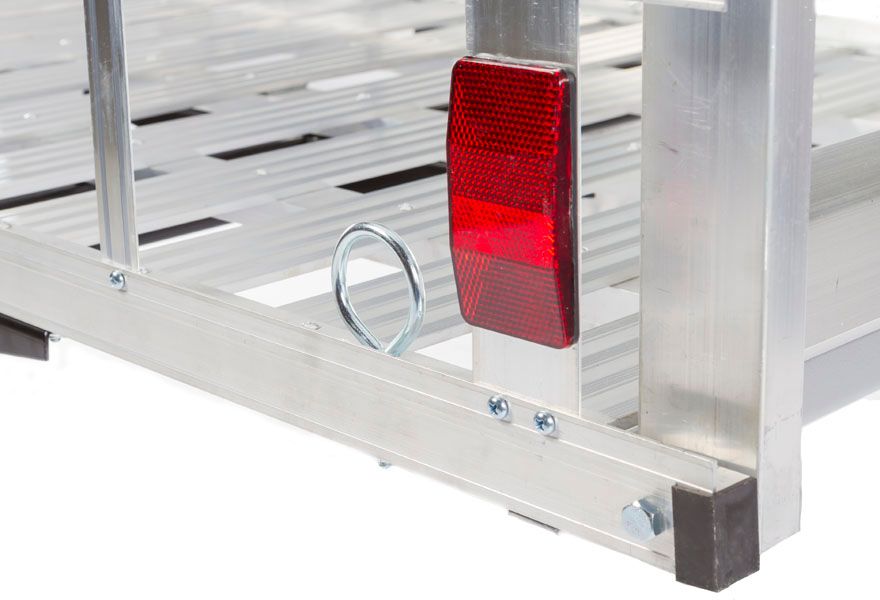 close-up of integrated tie-down ring and rear safety reflector