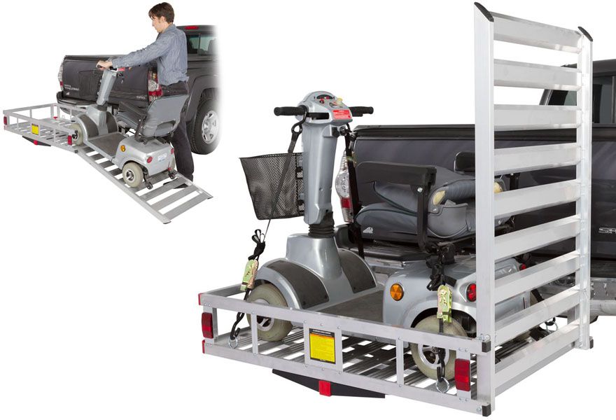 mobility scooter being loaded using integrated carrier ramp
