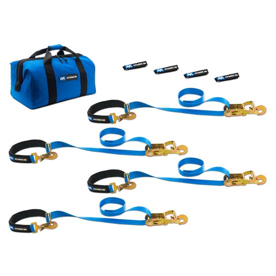 512118 2 x 8 Super Pack Tie-Down Strap Kit with Integrated Axle Straps Direct Hook Ends - Blue