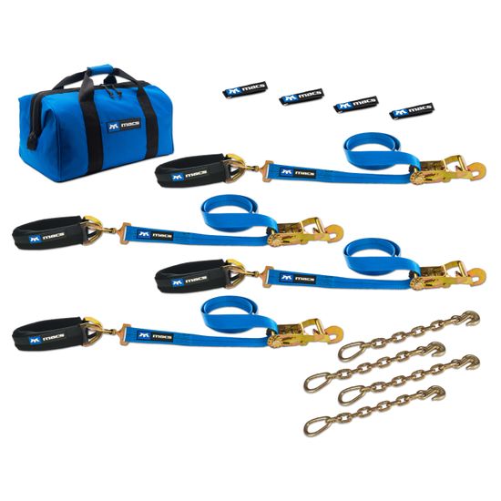 512617 2 x 6 Pro Pack Premium Tie-Down Strap Kit with 24 Axle Strap Direct Hook Ends  Chain Extensions - Blue