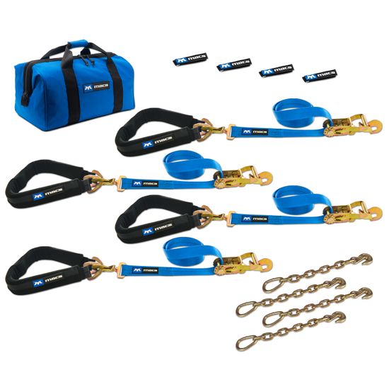 512657 2 x 6 Pro Pack Premium Tie-Down Strap Kit with 40 Axle Strap Direct Hook Ends  Chain Extensions - Blue