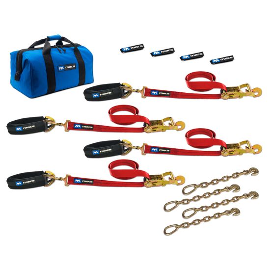 513617 2 x 6 Pro Pack Premium Tie-Down Strap Kit with 24 Axle Strap Direct Hook Ends  Chain Extensions - Red