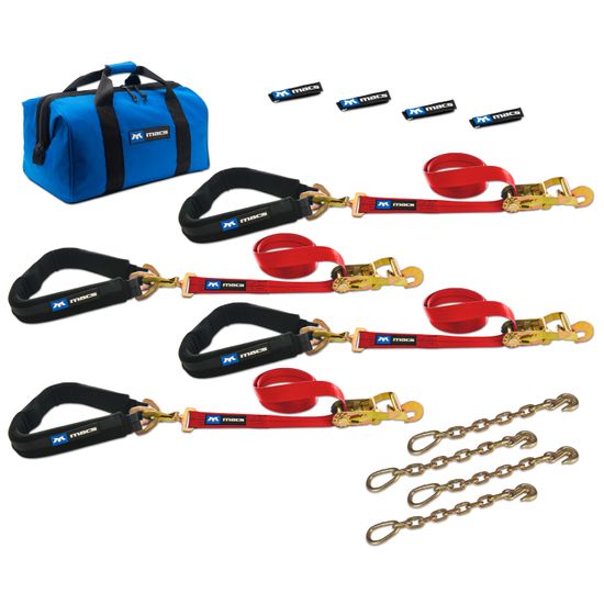 513659 2 x 8 Pro Pack Premium Tie-Down Strap Kit with 40 Axle Strap Direct Hook Ends  Chain Extensions - Red