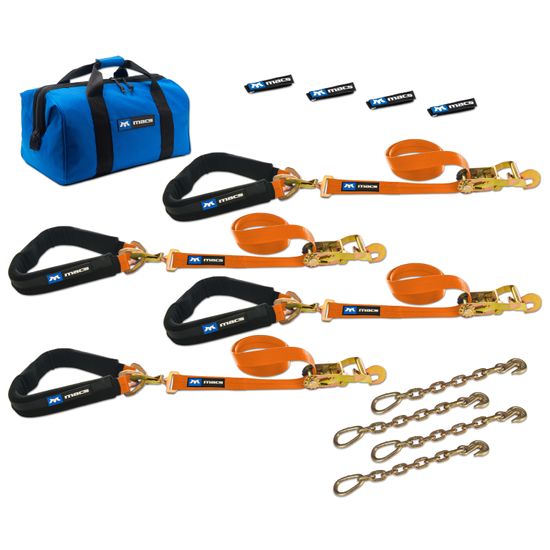 518659 2 x 8 Pro Pack Premium Tie-Down Strap Kit with 40 Axle Strap Direct Hook Ends  Chain Extensions - Orange