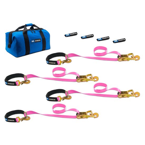 519118 2 x 8 Super Pack Tie-Down Strap Kit with Integrated Axle Straps Direct Hook Ends - Pink
