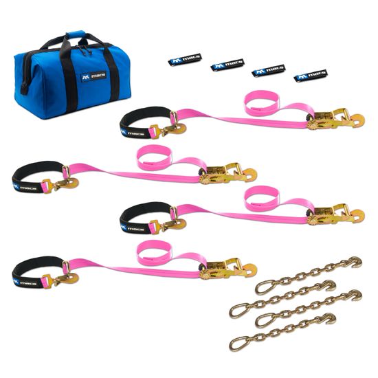 519128 2 x 8 Super Pack Tie-Down Strap Kit with Integrated Axle Straps Direct Hook Ends  Chain Extensions - Pink
