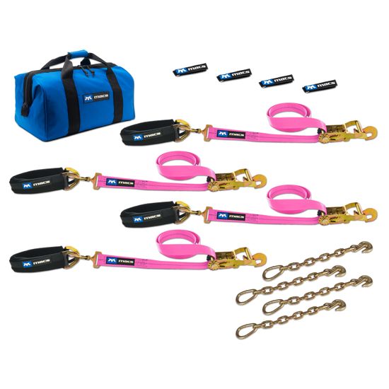519617 2 x 6 Pro Pack Premium Tie-Down Strap Kit with 24 Axle Strap Direct Hook Ends  Chain Extensions - Pink