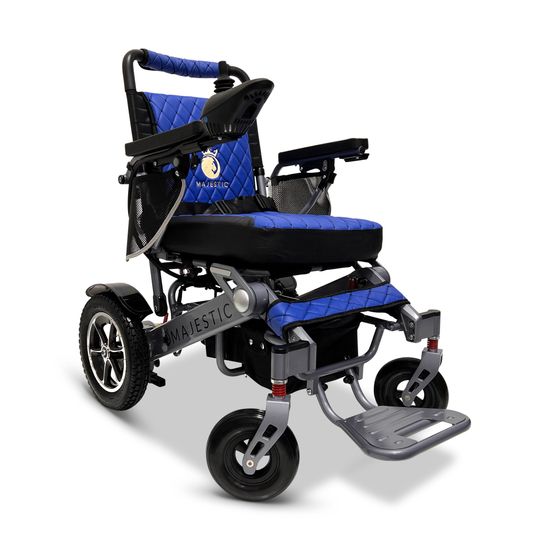 IQ7000AF-LE-MAX-SLV-BLU ComfyGo Majestic 20AH Remote-Controlled Electric Wheelchair wAuto-Fold - Silver FrameBlue Faux Leather