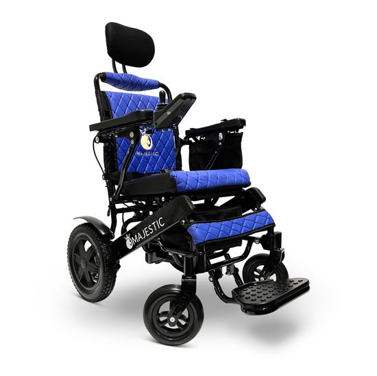 IQ9000PLUS-AR-LE-BLK-BLU ComfyGo Majestic Remote-Controlled Electric Wheelchair with Auto Recline 20 Seat - Black FrameBlue Faux Leather