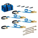 512128 2 x 8 Super Pack Tie-Down Strap Kit with Integrated Axle Straps Direct Hook Ends  Chain Extensions - Blue