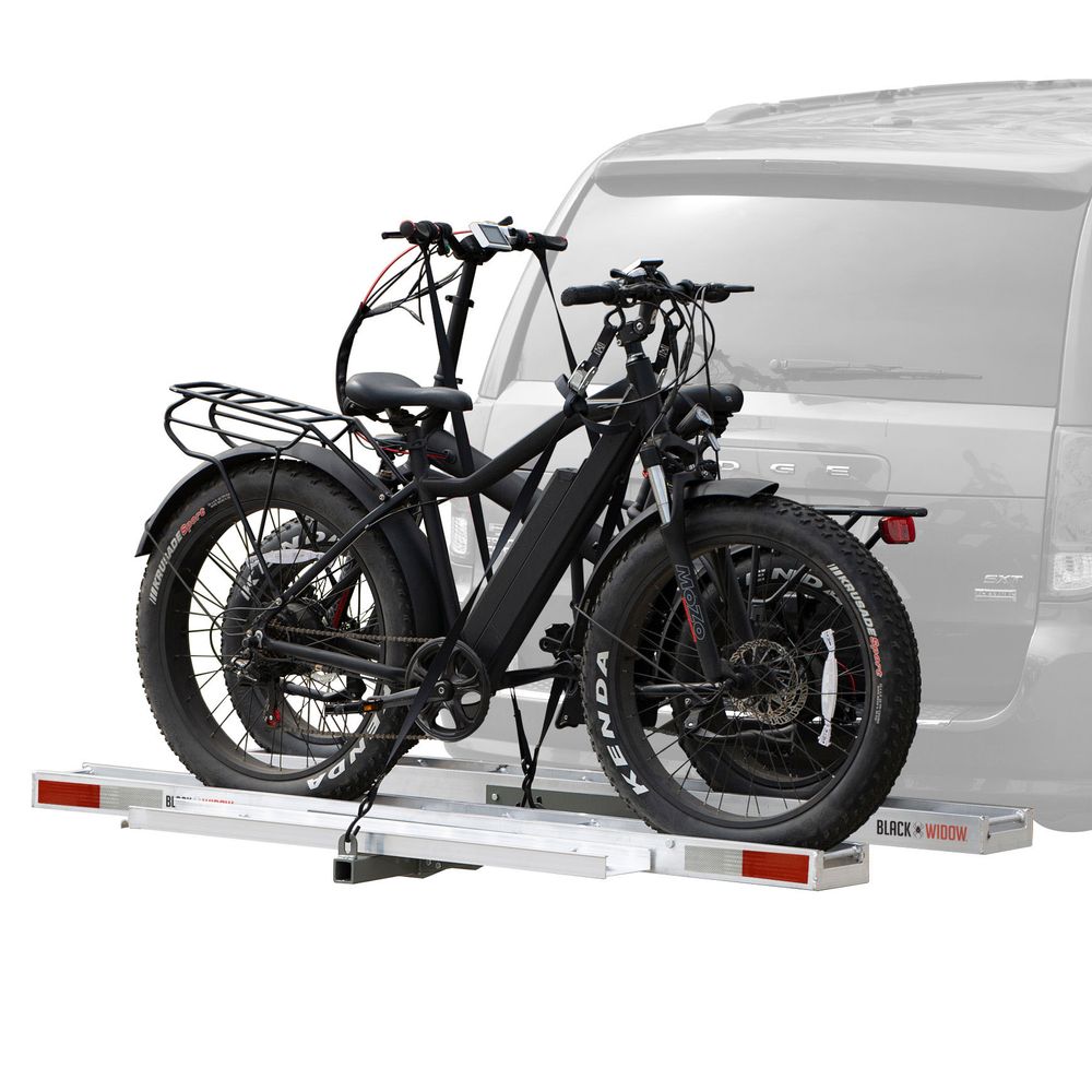 electric bicycle car carrier Hitch E-Bike Rack for 2 Bikes The 45.5 L ramp hooks over either end of each carrier for simplified roll Black Widow Aluminum Double Ebike